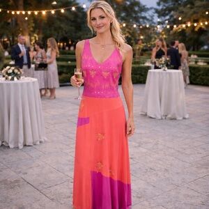 Y2K Vintage Pink Coral Ombre Maxi Dress Beaded Boho Evening Gown bias cut 8